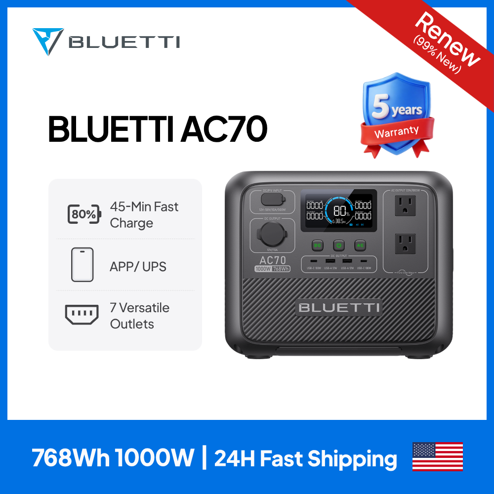 Solar Powered Charger - BLUETTI AC70 1000W 768Wh Portable Power