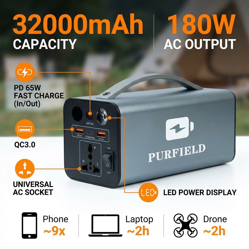 Solar Powered Charger - 180W Outdoor Power Station 32000mAh 118.4Wh